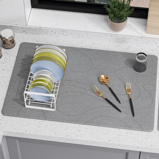 Large Stone Drying Mat for Kitchen Counter, 24" × 16" Diatomite Dish Drying Mat, Quick Dry Stone Mats, Ultra Absorbent