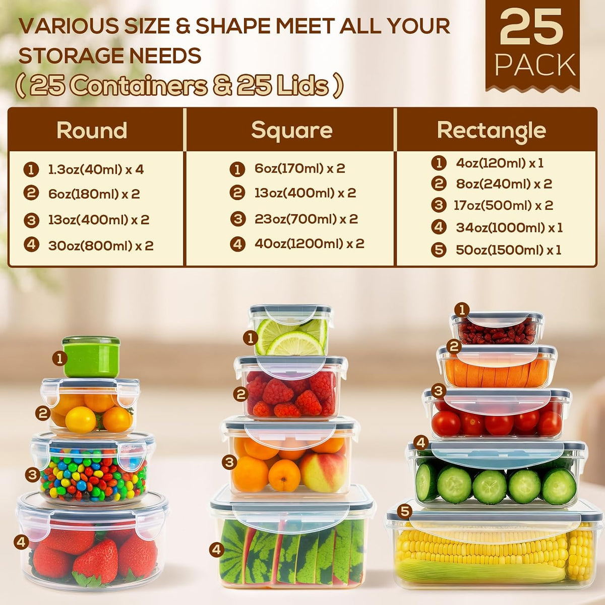 50 PCS Thicker Food Storage Containers with Lids, Clear Stackable Airtight Leakproof Reusable Plastic Meal Prep Container Set for Kitchen Storage/Lunch, Fridge/Microwave Safe with Labels&Pen