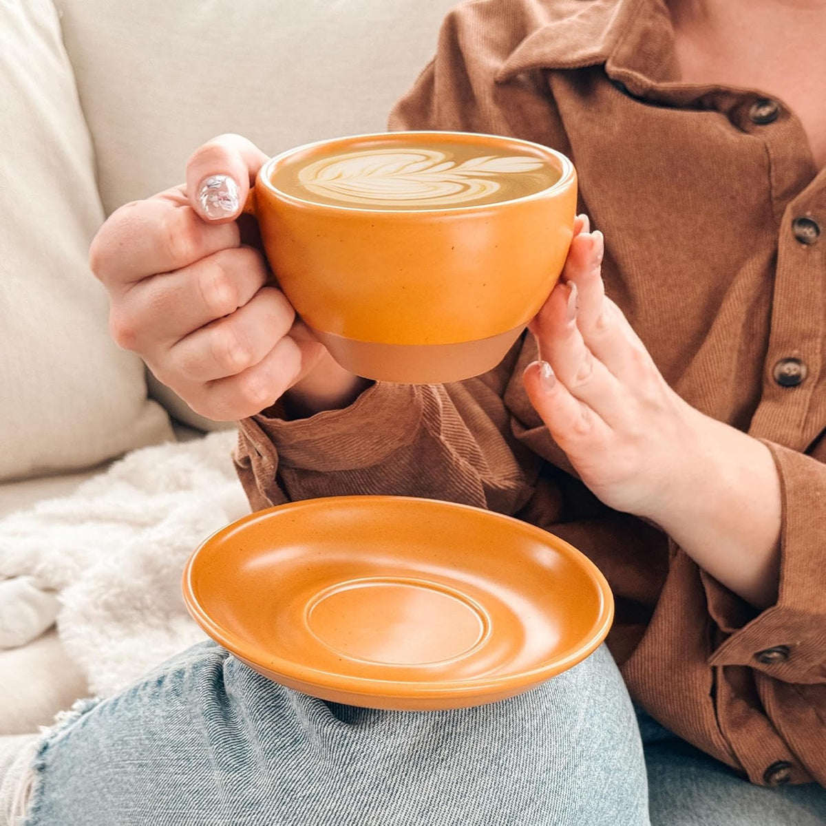 Mora Ceramic Latte Art Mug With Saucer - 10.5 oz, Round Bottom For Perfect Pours - Cafe Cups for Cappuccino, Espresso, Coffee, Tea etc - Porcelain Set for Baristas, Great Gift - Pumpkin Orange