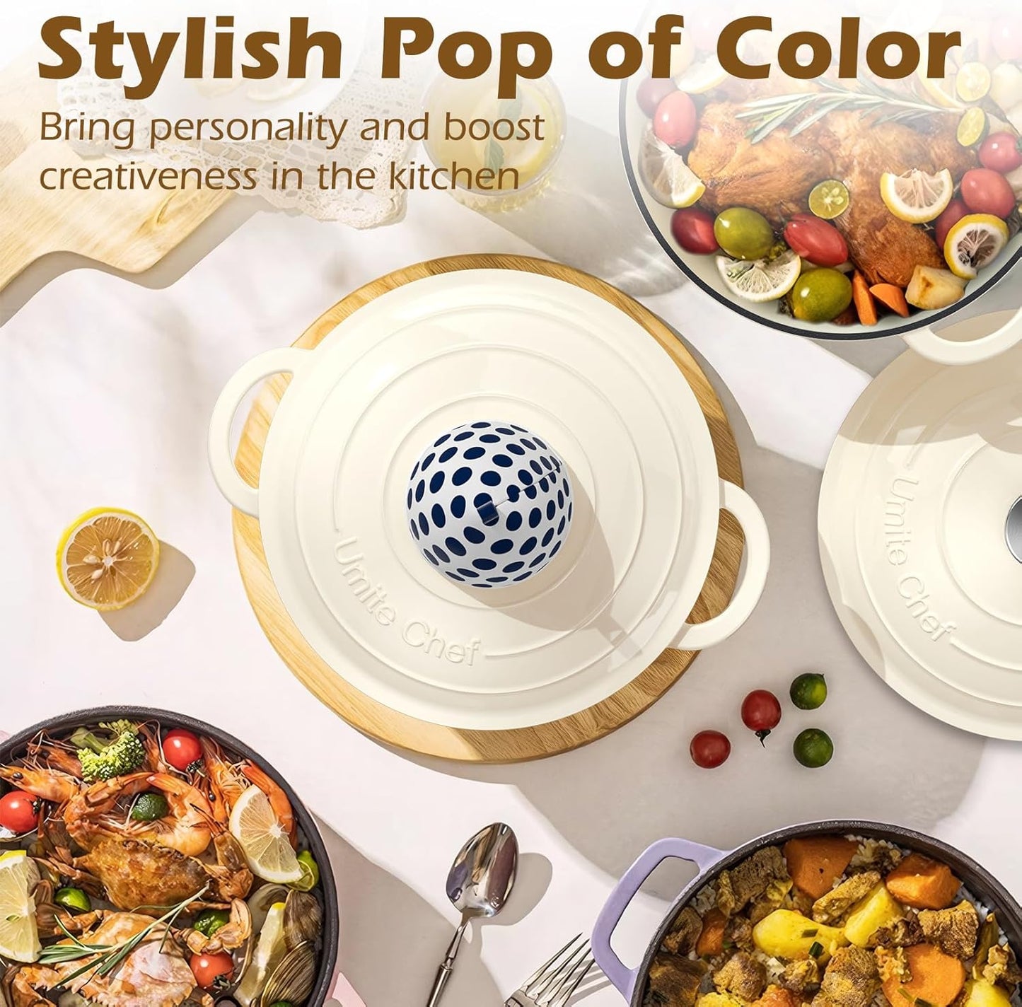 Enameled Cast Iron Dutch Oven - Umite Chef 5QT Pot with Lid & Cotton Potholders - Heavy-Duty Cookware for Bread Baking