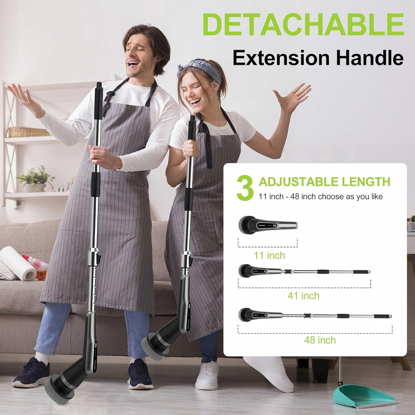 Dreazu Pro Electric Spin Scrubber, 10-in-1 Shower Scrubber &amp; Retractable Long Handle, 44 lbs High-Torque &amp; Variable Speed Shower Cleaning Brush for Bathroom,Toilet, Bathtub, Kitchen, Tile Floors, Car