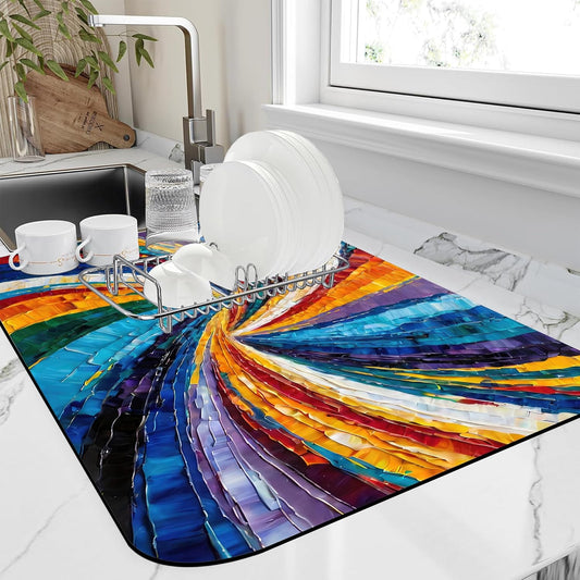 Kitchen Mat Swirl Colorful Textured Dish Drying Mat 12"x19" Bsorbent Coffee Maker Mat for Sink Dishes or Under Rack Kitchen