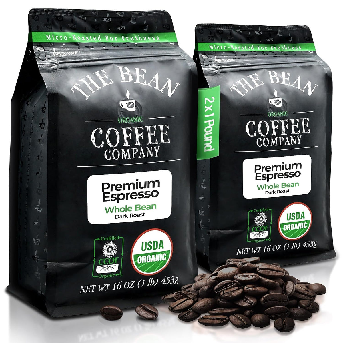 The Bean Organic Coffee Co. Premium Espresso, Dark, Whole Bean, 2 x 1 lb | Dark-roasted espresso, bittersweet and nutty. Organic coffee beans. 2 x 1 lb.