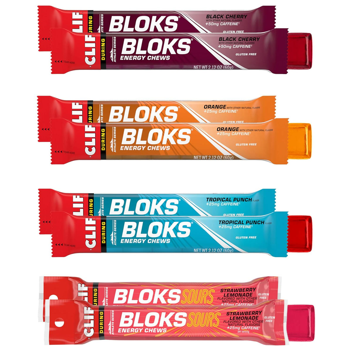 CLIF BLOKS Energy Chews with Caffeine, Variety Pack, 8 Packs | 25-50mg Caffeine* per serving, Non-GMO, Plant-Based, Fast Fuel for Cycling and Running, Quick Carbohydrates and Electrolytes