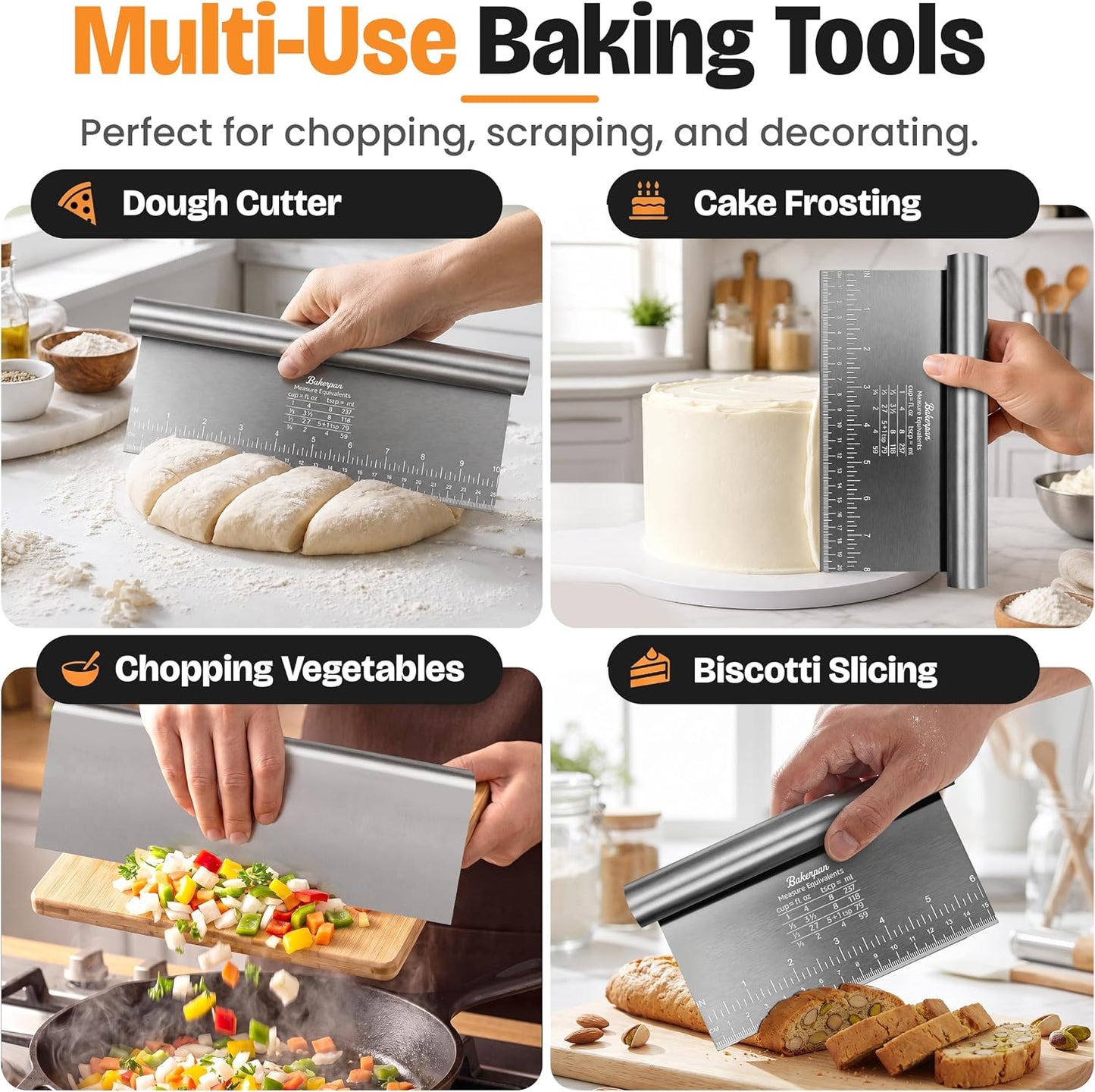 Bakerpan Stainless Steel Heavy Duty Dough Cutter, 3 Size Set - Metal Bench Scraper Kitchen Utensils, Chopper, Pizza and Pastry Cutter Tool, 10, 8, 6 Inch