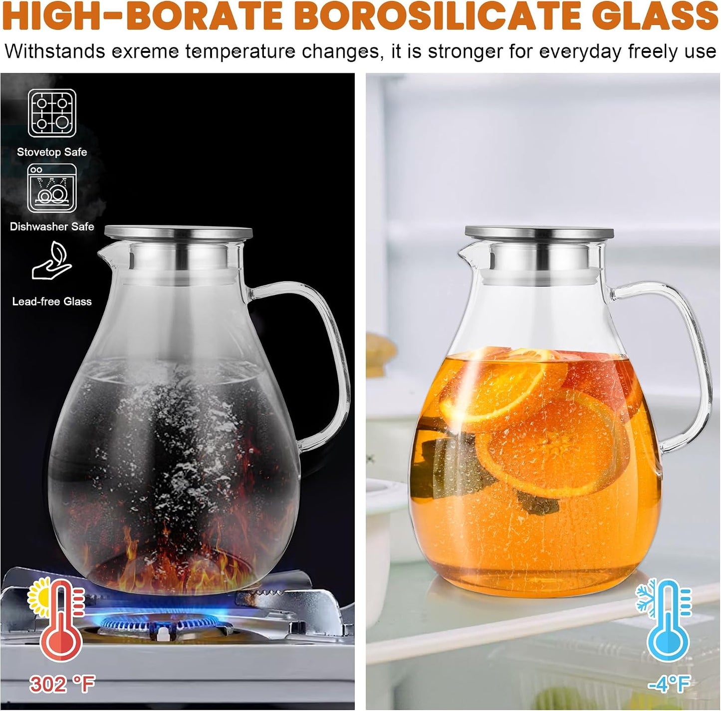 SUSTEAS 3 Litre 101oz Glass Pitcher with Lid and Spout, Handmade Pitcher | Glass Carafe for Cold/Hot Drink, Water Pitchers for Fridge, Large Water Jug for Iced Tea, Juice, Coffee, Homemade Beverage