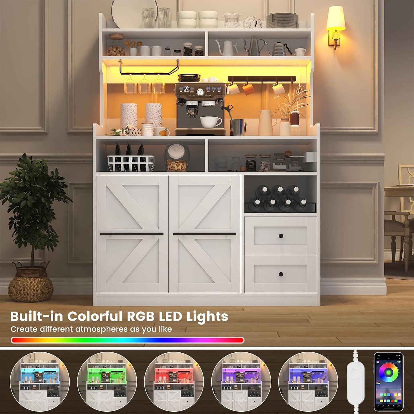 VVFLU Hutch Storage Buffet Cabinet with Drawers, and Charging Station, Coffee Bar Cabinet with Barn Doors, Wine Rack and Hooks, White Wood Sideboard Buffet for Kitchen, Dining Room, 54.5" High