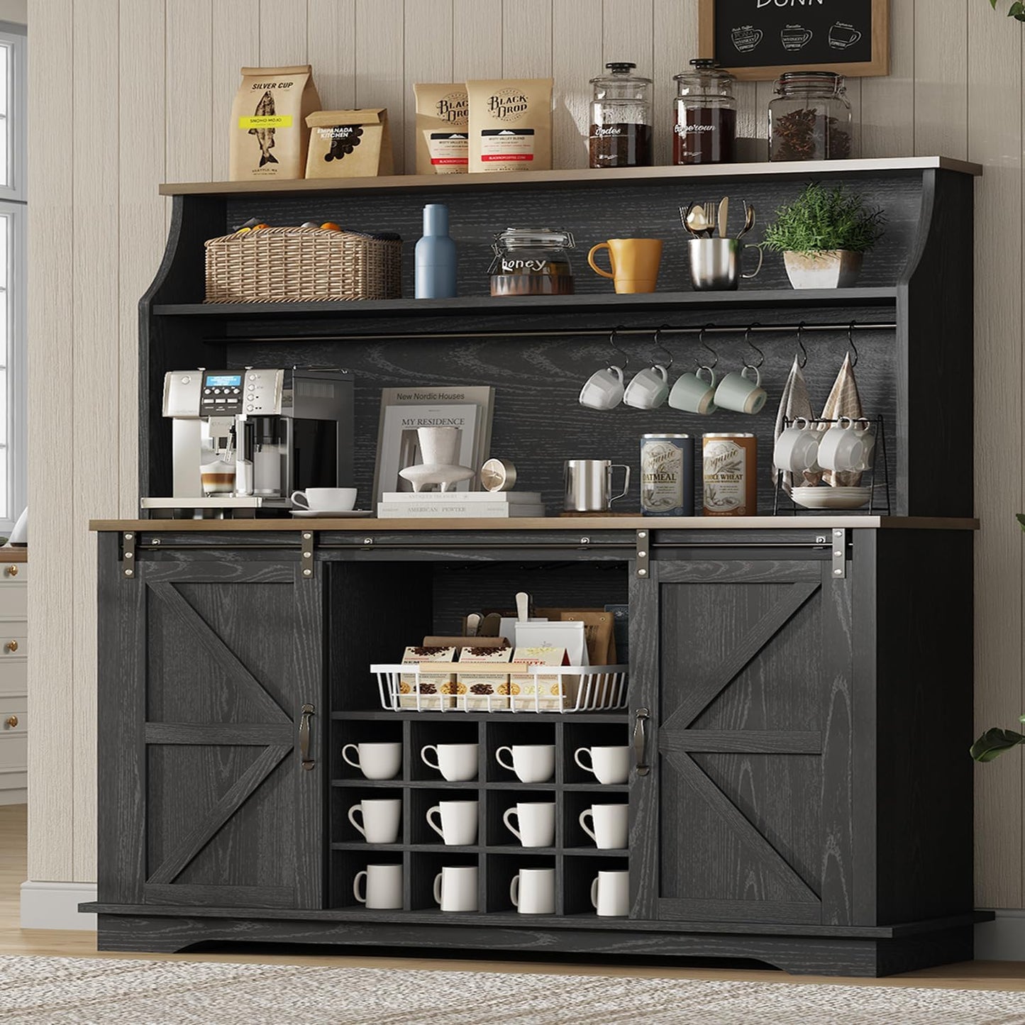 REVOMINCA 55" Farmhouse Coffee Bar Cabinet with 3 Tier Storage Hutch, Black