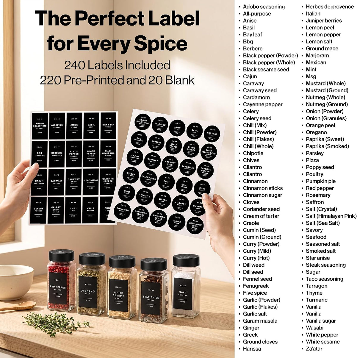 EDELHAUS Glass Spice Jars with Label, Seasoning Set, 24x Black Steel Lids