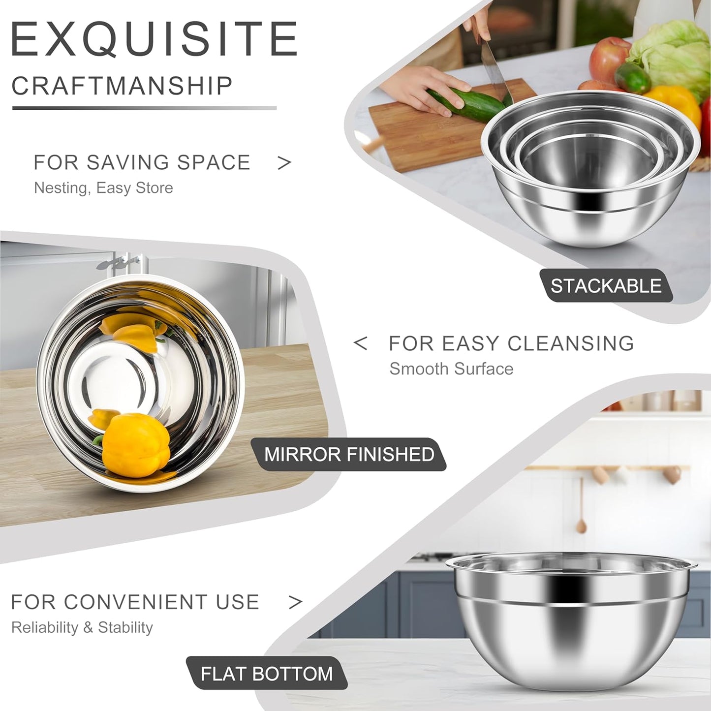 HaWare Mixing Bowls with Airtight Clear Lids, 6-Piece Stainless Steel Strong Nesting Bowls Set, Metal Salad Bowl for Cooking, Prepping, Baking, Serving & Food Storage, Size 4.6, 3, 1.5QT, Black