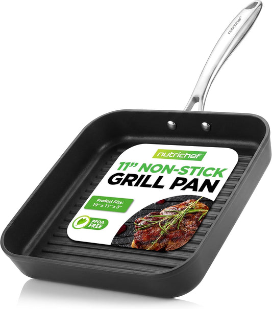 NutriChef 11" Square Grill Pan Non Stick - High Ridges, Hard-Anodized, Stove Top Griddle, Strong Handles, Dishwasher Safe