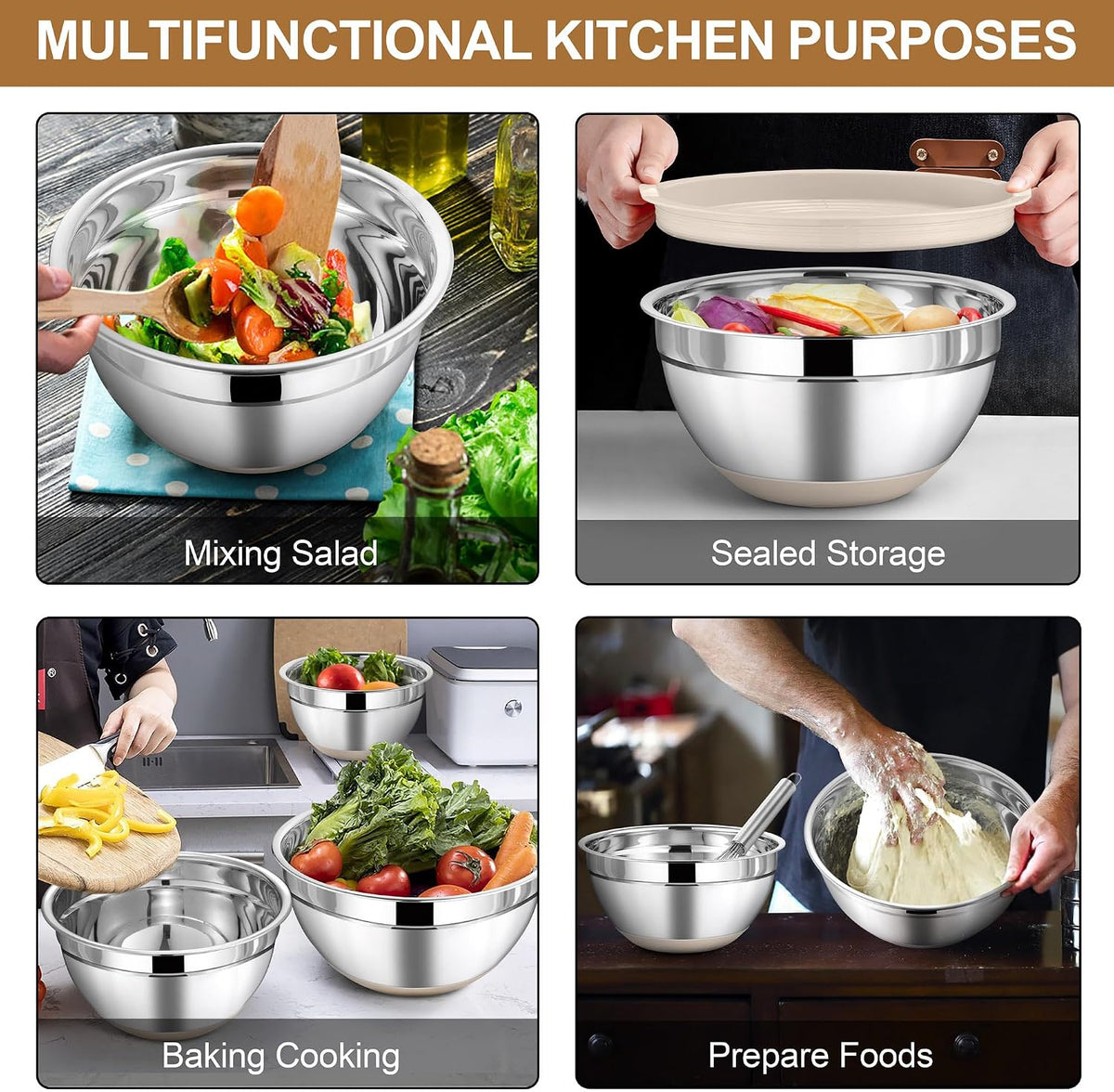 LIANYU 6 Piece Mixing Bowls Set with Airtight Lids, Metal Nesting Bowl
