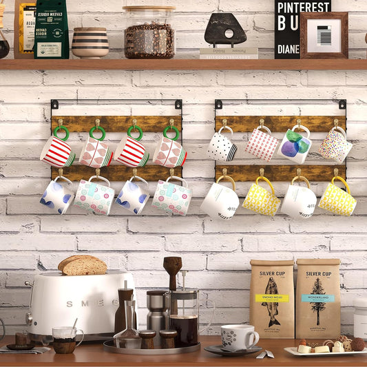Coffee Mug Holder Rack Organizer - Wall Mounted Rack to Hold Up to 16 Mugs (2Pack), Rustic Wood Cup Organizer Rack & Display