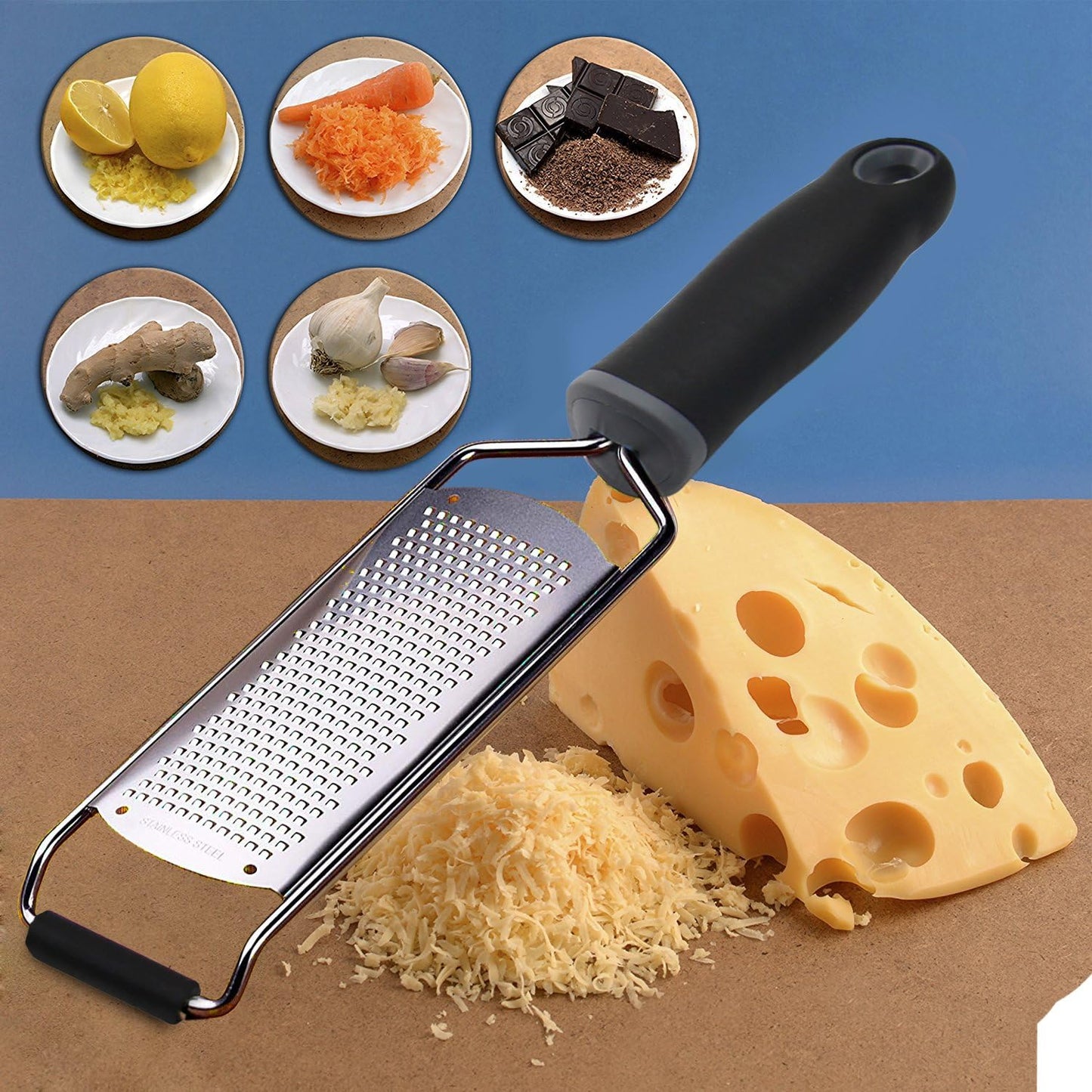 Wide Lemon Zester &amp; Cheese Grater, 18/8 Stainless Steel with Cover, Black | Extra-wide Fine Grating Surface for Citrus, Parmesan, Ginger and Garlic, 18/8 Stainless Steel Blade, Non-slip Top Pads, Cover