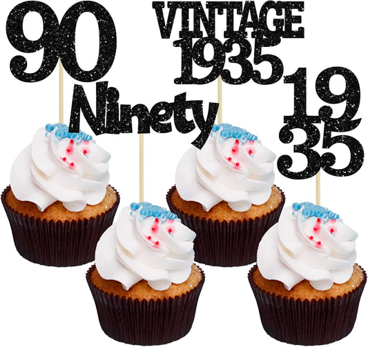 Gyufise 24Pcs Vintage 1935 Cupcake Toppers Glitter Cheers to 90 Fabulous Ninety Cupcake Picks 90th Birthday Wedding