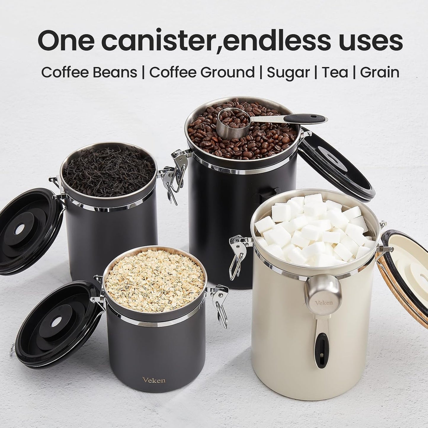 Veken Coffee Canister, Airtight Stainless Steel Food Storage Container,16OZ | Date Tracker, Kitchen Jars for Beans,Ground, Espresso, Rice,Tea, Sugar,Cereal,Cookie, Bar Accessories,Gifts, Lids, Scoop,Gray