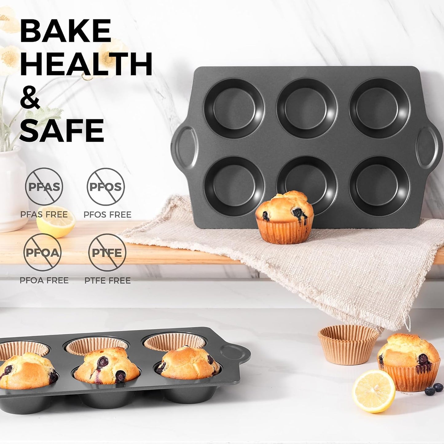 Nonstick Jumbo Muffin Pan, 2 Pack Large Cupcake Tin with 120pcs Muffin Liners, Cup Cake Tray for Baking, 3.5dia, 6 Cup, Premium, Extra Thick