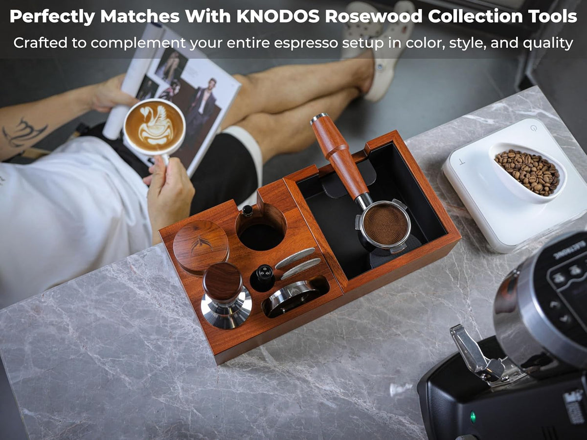51mm Espresso Tool Kit – Calibrated Rosewood Tamper, Espresso Distributor, Magnetic Funnel with Puck Screen, Knock Box &amp; Rosewood Tamping Station – For 51mm Espresso Machines