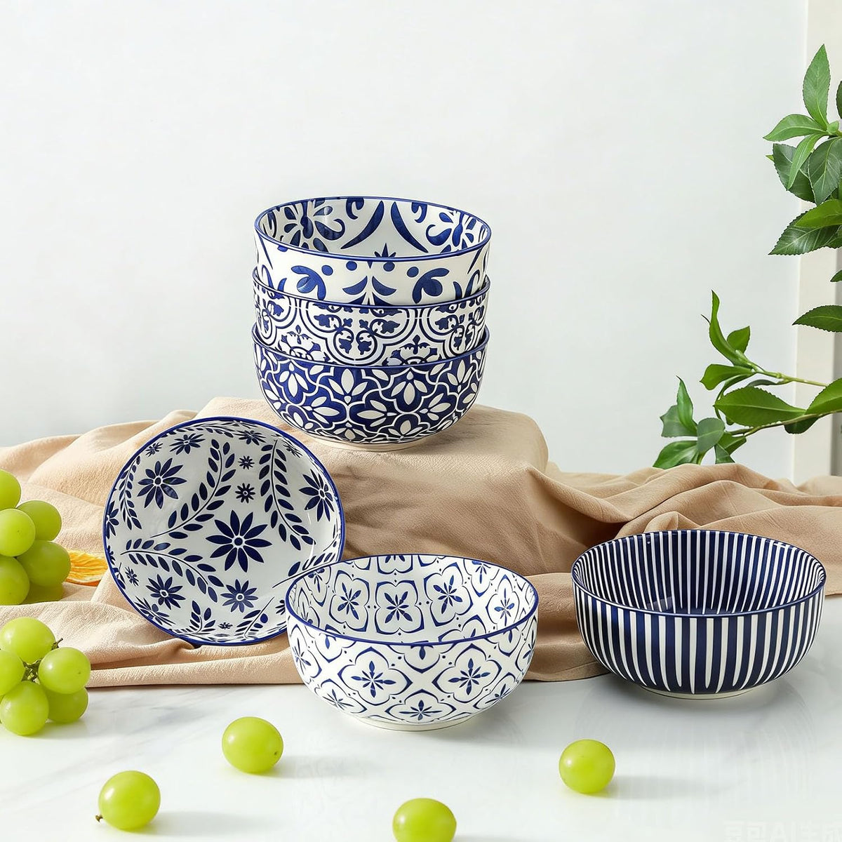 Cereal Bowls, 28 Ounce Ceramic Soup Bowls Set of 6, Large Bowl Set for Rice Salad Fruit Dessert Oatmeal Snack Ice Cream,Microwave &amp; Dishwasher Safe, Blue &amp; White