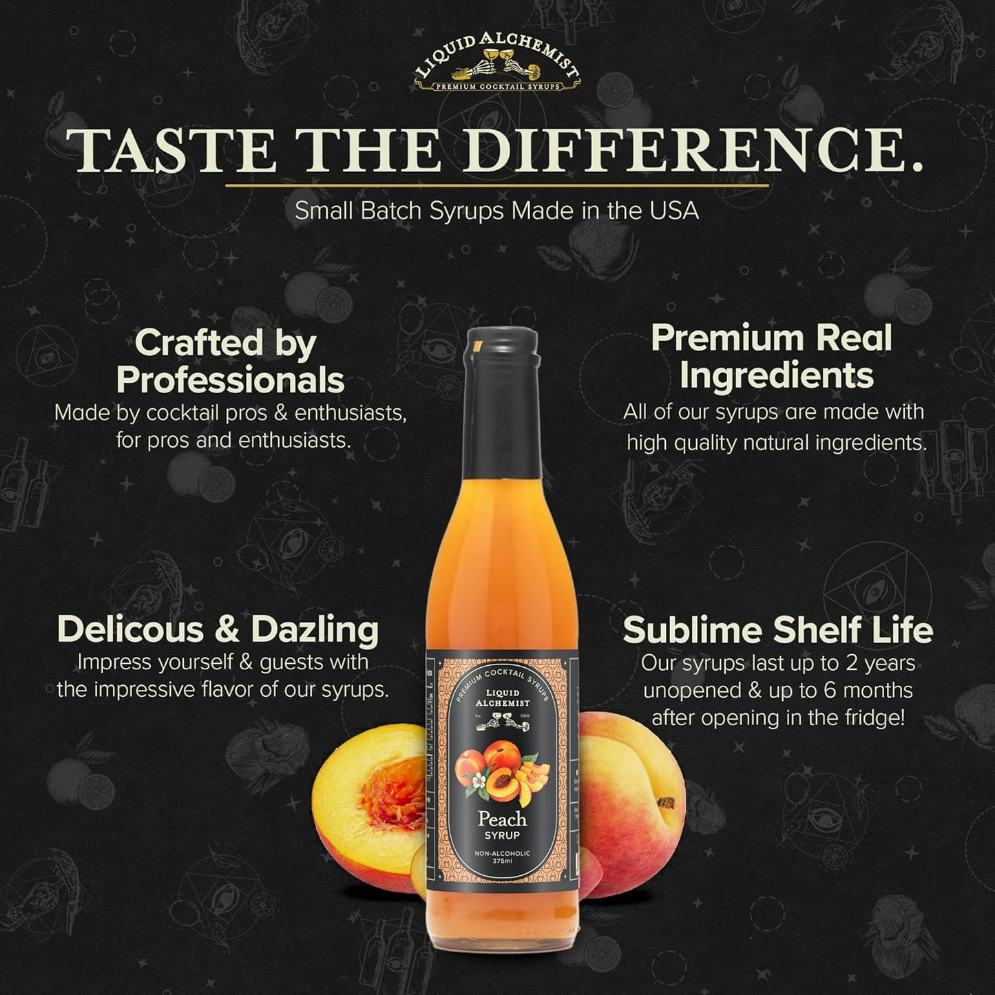 Liquid Alchemist Peach Syrup for Cocktails | Real Ingredients Make our Peach Syrup for Drinks a Perfect Bellini Mix | Small Batch, Non-GMO &amp; Vegan | 12.7 oz Drink Mixer, Pack of 1