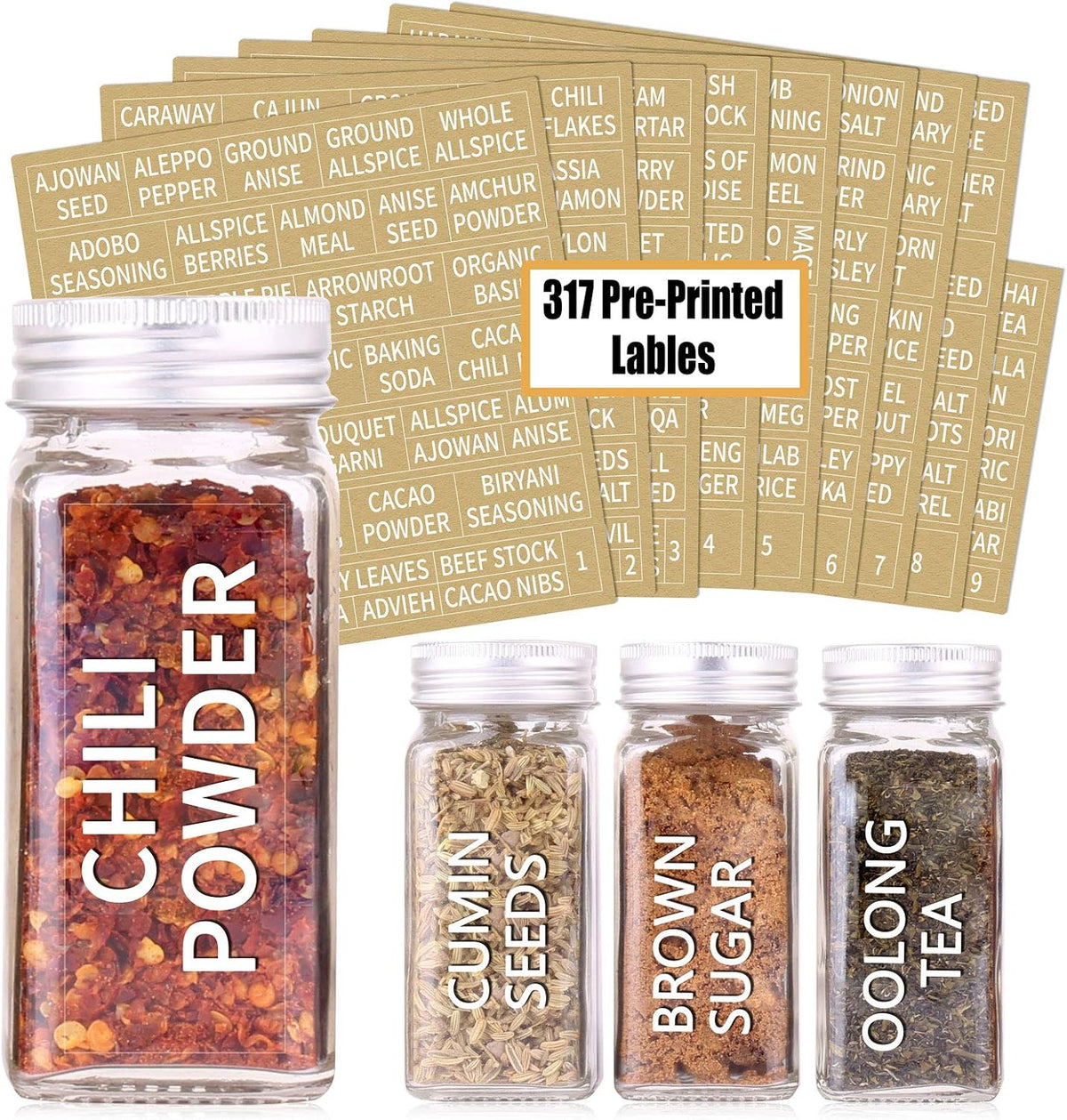 SWOMMOLY 25 Pcs 4 oz Glass Spice Jars with 703 Spice Labels and Shaker Lids