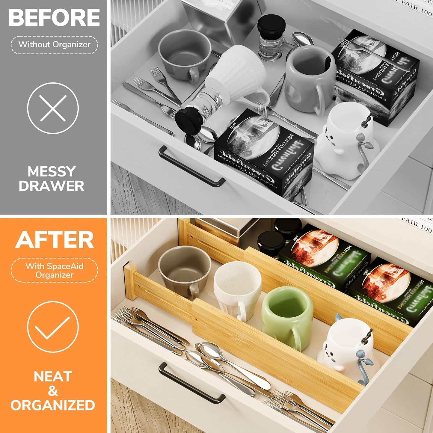 BAMEOS Bamboo Expandable Drawer Dividers – Fits 13.3"–19" Drawers, 3" Deep Walls, Set of 4 | Spring-Loaded Separator for Deep Kitchen &amp; Bathroom Drawers, Prevents Items Falling Over