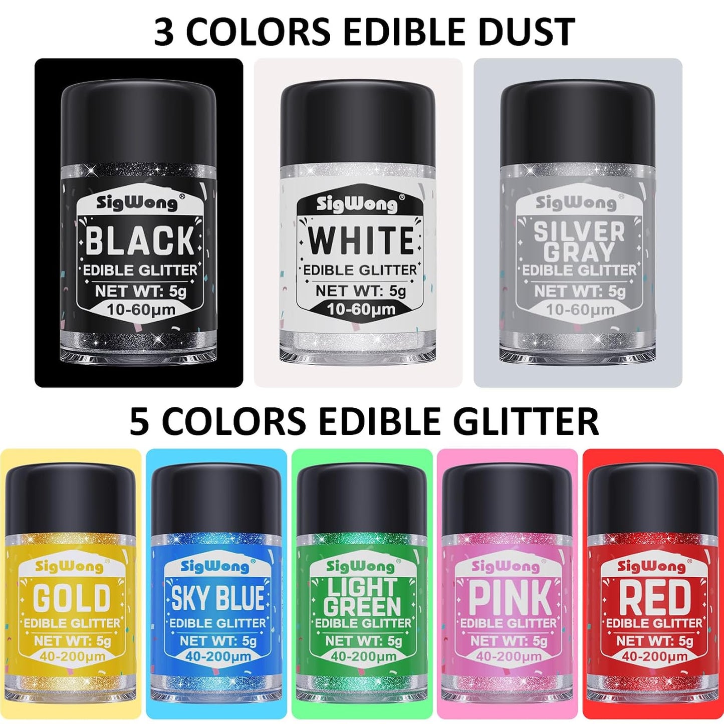Edible Glitter - 8 Colors Luster Dust Edible Set for Drinks, Food Grade Edible Glitter Dust for Cake Decorating, Cocktail, Fondant, Strawberries, Candy, Cookie, Chocolate, Vegan and Gluten Free - 5g/bottle