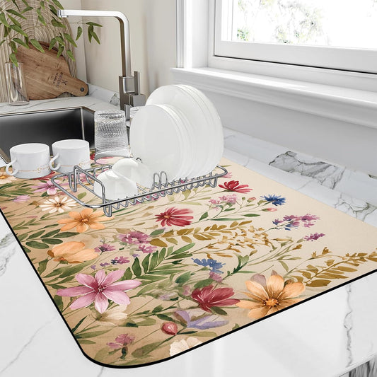 Colorful Wildflowers Dish Drying Mat Meadow Flowers Floral Kitchen Mat 12"x19" Bsorbent Coffee Maker Mat for Dishes,Utensils