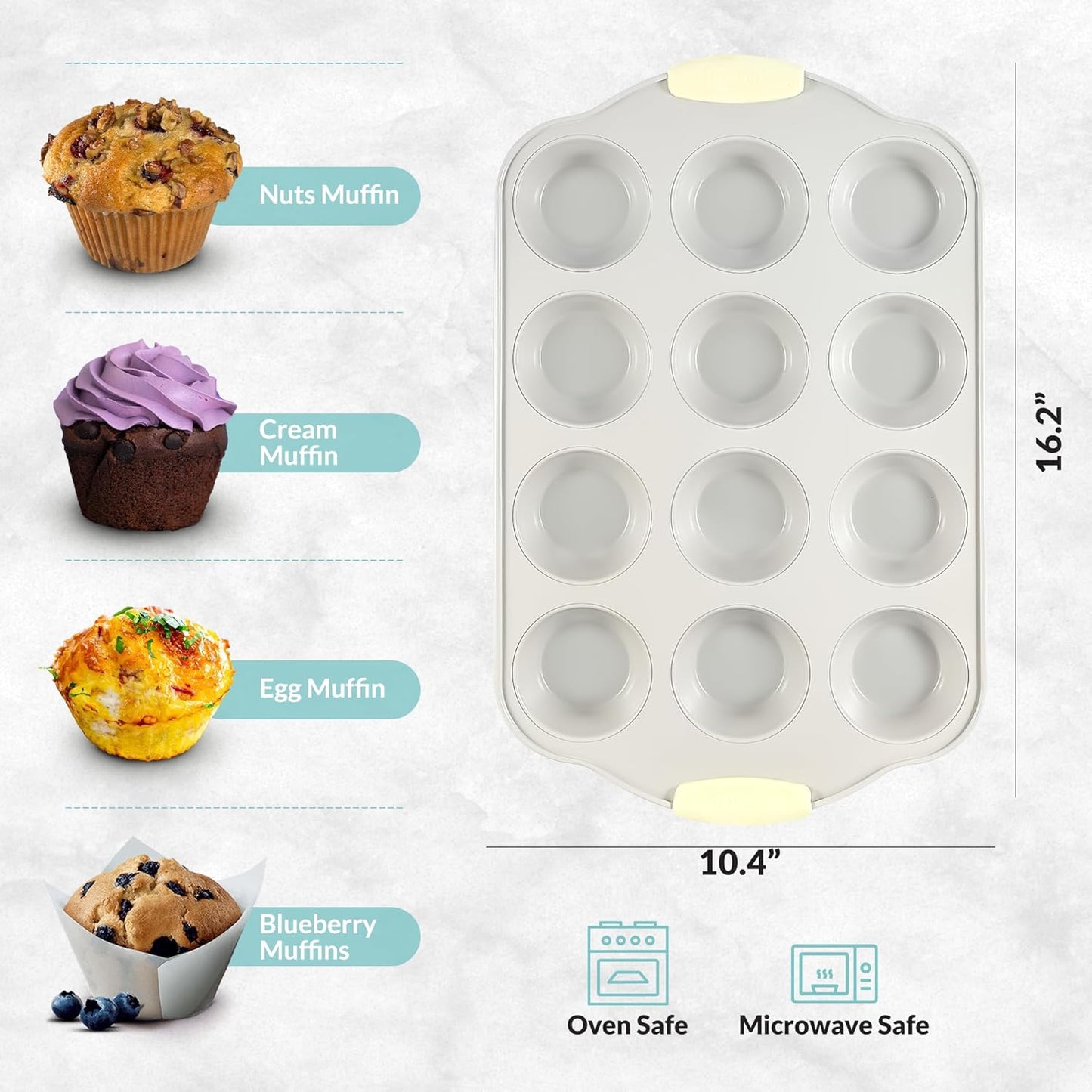 Boxiki Kitchen 12 Cups Ceramic Coated Muffin Pan for Baking - Durable Steel Frame Cupcake Pan w/Nonstick Surface -