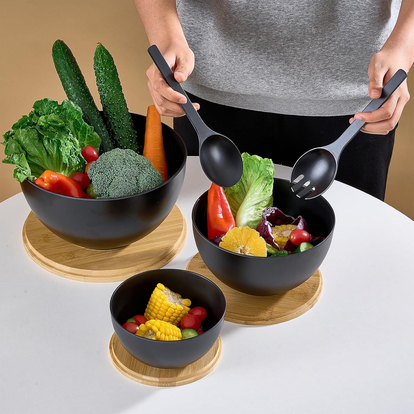 Large Salad Bowls with Bamboo Lids Set of 3, Mixing Nesting Bowls Round Serving Bowls with Servers for Salads, Kitchen Eating, Pastas, Popcorn, Chips, Trifle, Fruit, Food Prepare (Black,10",8",6" )