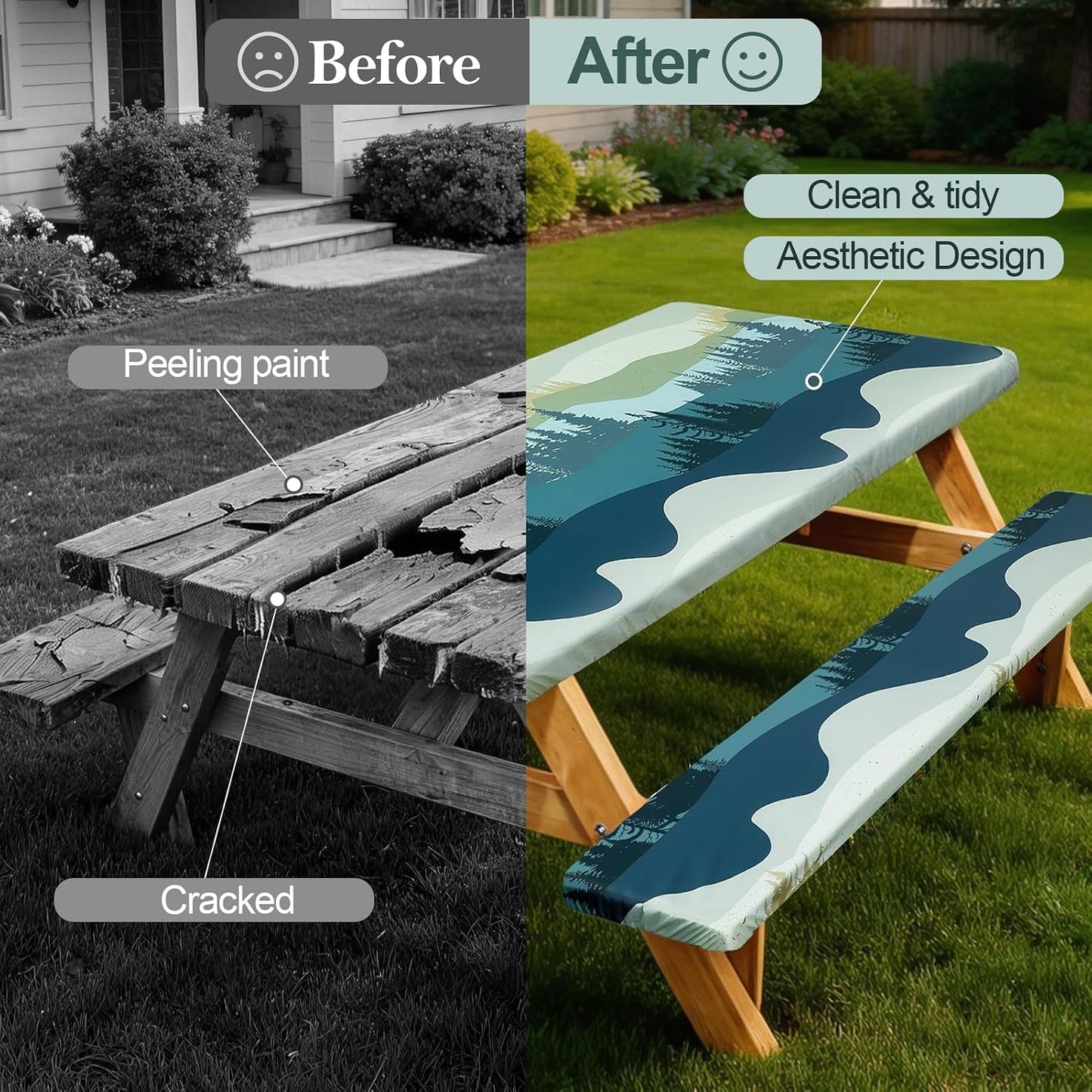 Picnic Table Cover with Bench Covers Camping Essentials Waterproof Windproof Camping Tablecloth with Drawstring Bag, Fit