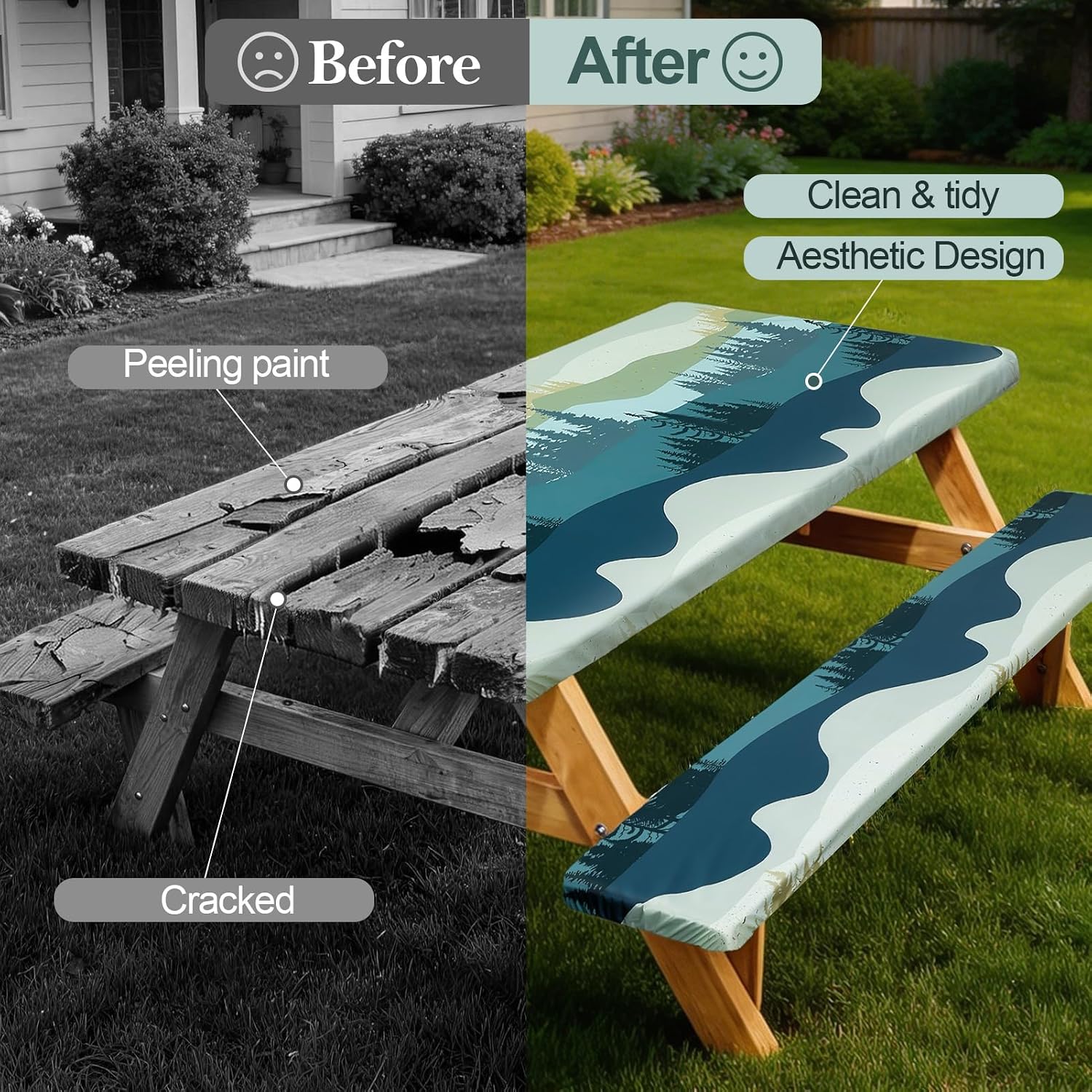 Picnic Table Cover with Bench Covers Camping Essentials Waterproof Windproof Camping Tablecloth with Drawstring Bag, Fit