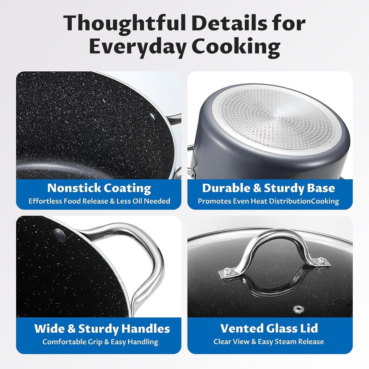 BEZIA 12 Quart Cooking Pot, Large Non Stick Induction Stock Pots with Lid, All Stove Compatible, 12 QT Aluminum Soup/Stew Pot For Big Gatherings, Grey