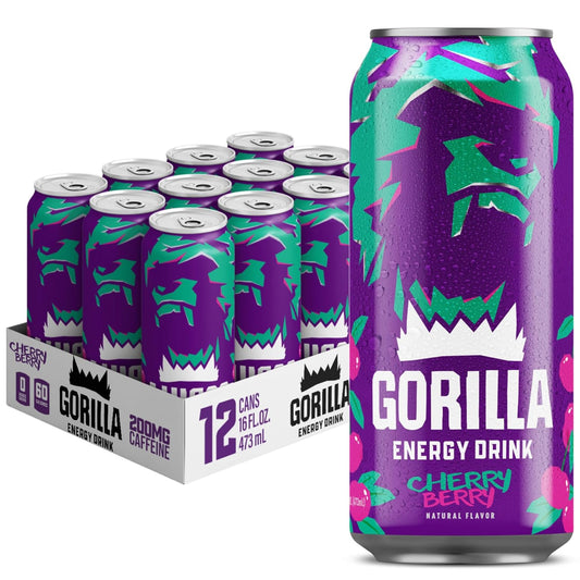 Gorilla Energy Drink, Cherry Berry, 200mg Natural Caffeine, Real Fruit Juice Squeezed & Concentrated, L-Theanine, Taurine,