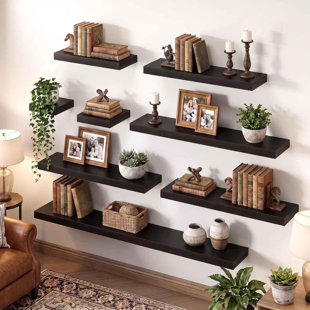 24" Floating Shelves for Wall, Wooden Wall Mounted Shelf, Set of 2, Black
