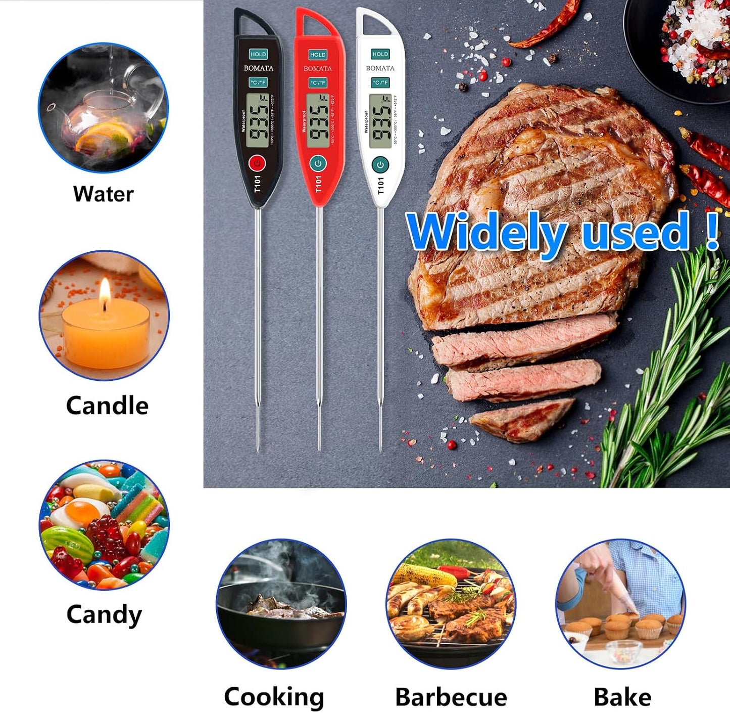 BOMATA 6 Pack Waterproof IPX7 Meat Thermometer, Food Thermometer | Instant Read, Long Probe for Water, Liquid, Kitchen Cooking, Grill,BBQ ! T101 X 6 Pcs (Black &amp; Red &amp; White)…