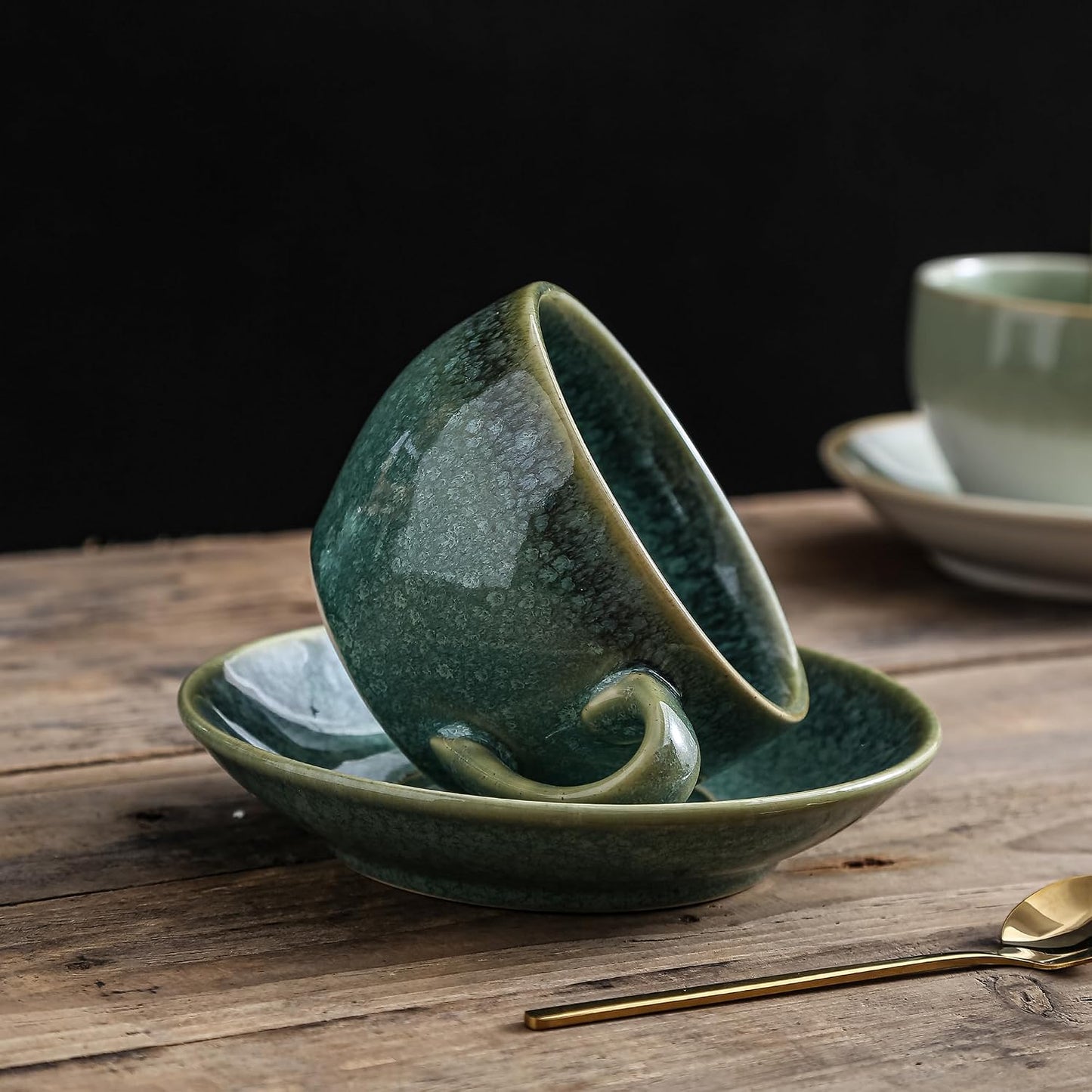 Porcelain Coffee Cup with Saucer Spoon, Vintage Design Ceramic Latte Art Cappuccino Barista Espresso Tea Cup with Saucer (10oz, Crystal Green)
