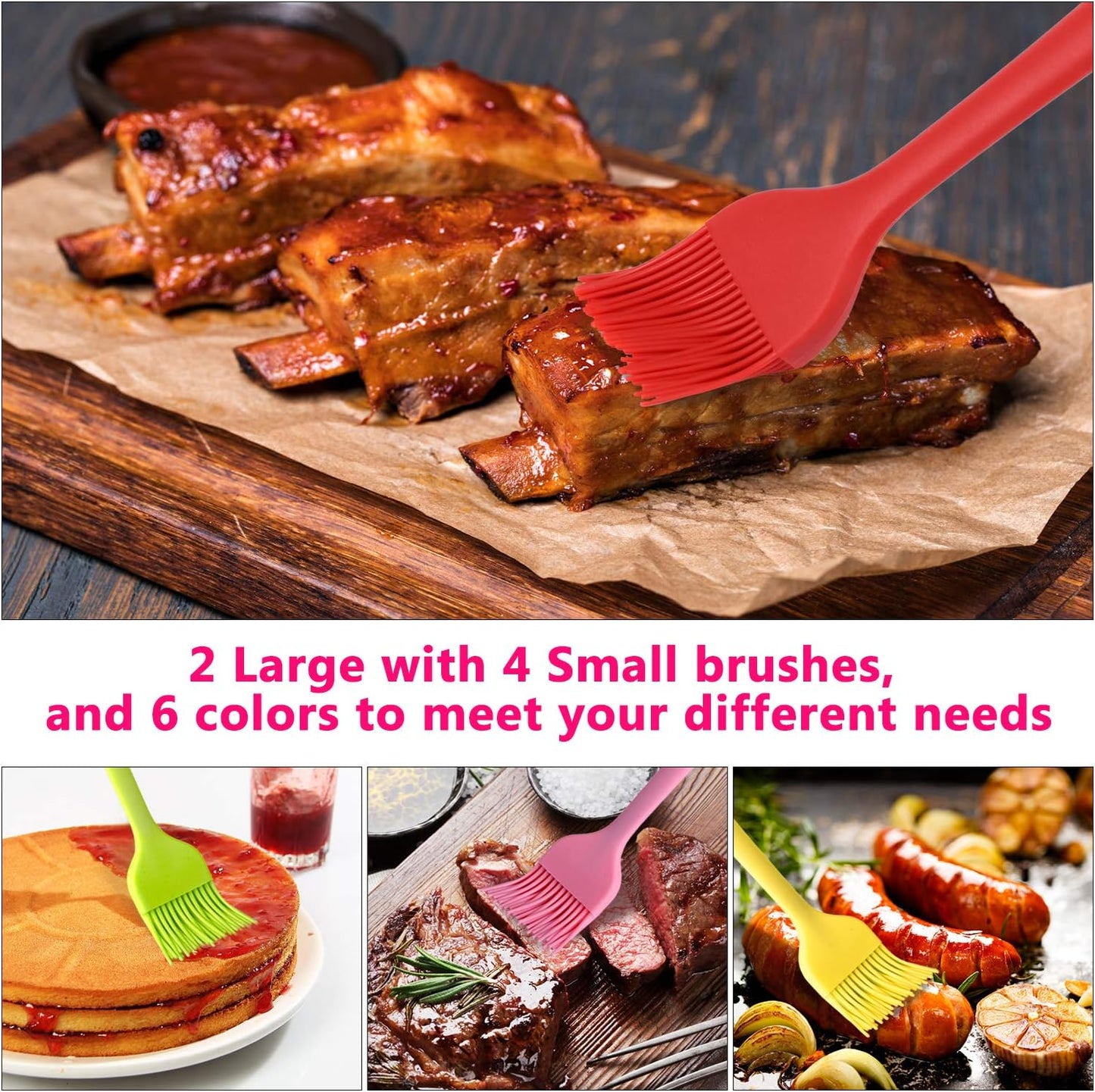 Silicone Basting Brush Set 6 Pack Heat Resistant Pastry Brushes Spread Oil Butter Sauce for BBQ Grill Barbeque Kitchen Baking Cooking Pastries, 2 Large & 4 Small