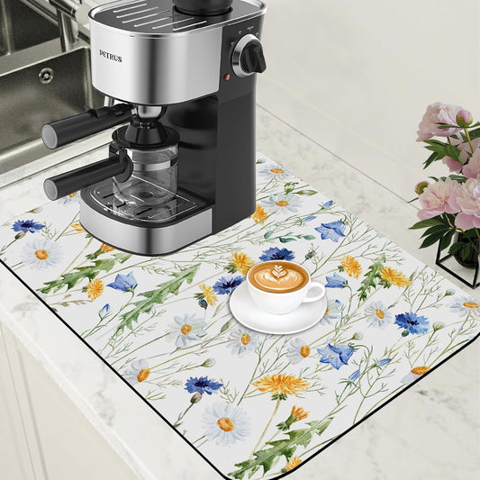 Watercolor Wildflower Dish Drying Mat for Kitchen Counter Coffee Mat Hide Stain Absorbent Rubber Backed Drying Rack Pad