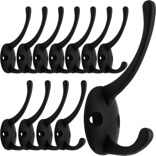 IBosins 12 Pack Black Coat Hooks Wall Mounted with 24 Screws Retro Double Hooks Utility Black Hooks for Coat, Scarf, Bag,
