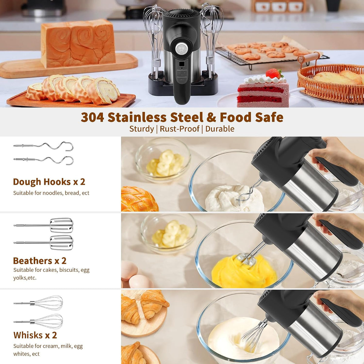 binROC Cordless Hand Mixer Electric, 7-Speed with Storage Base, Black