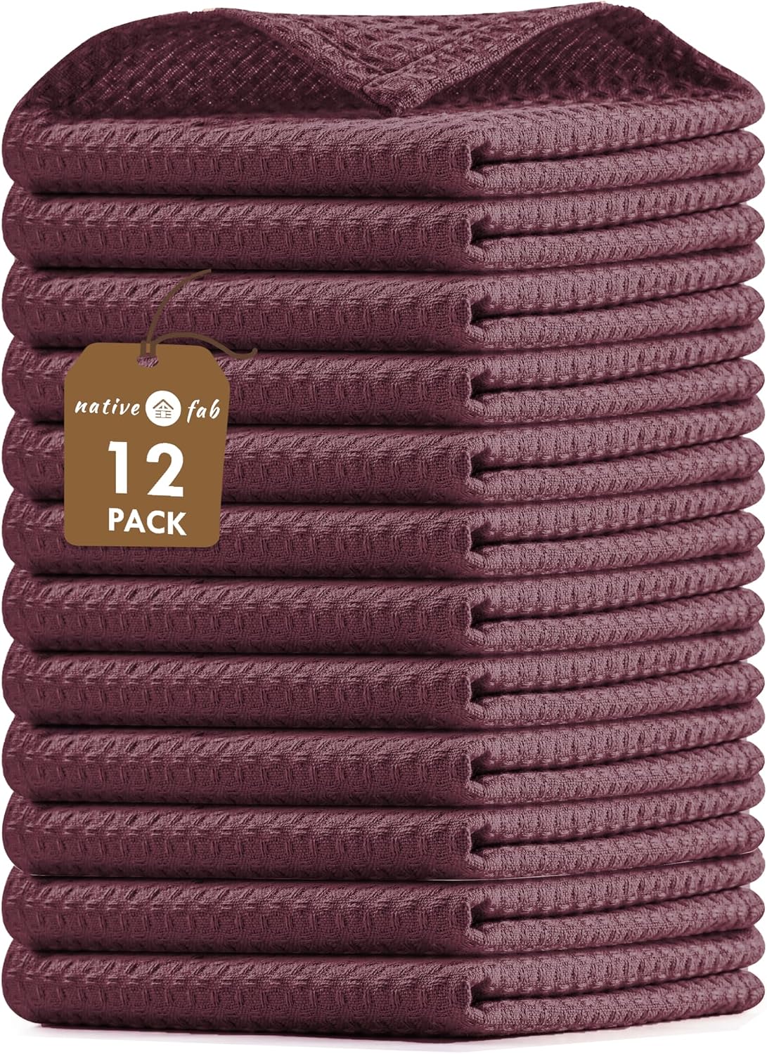 Native Fab Waffle 12 Pack Dish Cloths - 100% Cotton, Absorbent, Quick Dry, Washable Towels for Cleaning, Cooking &amp; Drying Dishes - Perfect for Home, Restaurants, Bars, Cafes - 12"x12" - Burgundy
