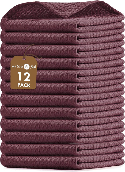 Native Fab Waffle 12 Pack Dish Cloths - 100% Cotton, Absorbent, Quick Dry, Washable Towels for Cleaning, Cooking &amp; Drying Dishes - Perfect for Home, Restaurants, Bars, Cafes - 12"x12" - Burgundy