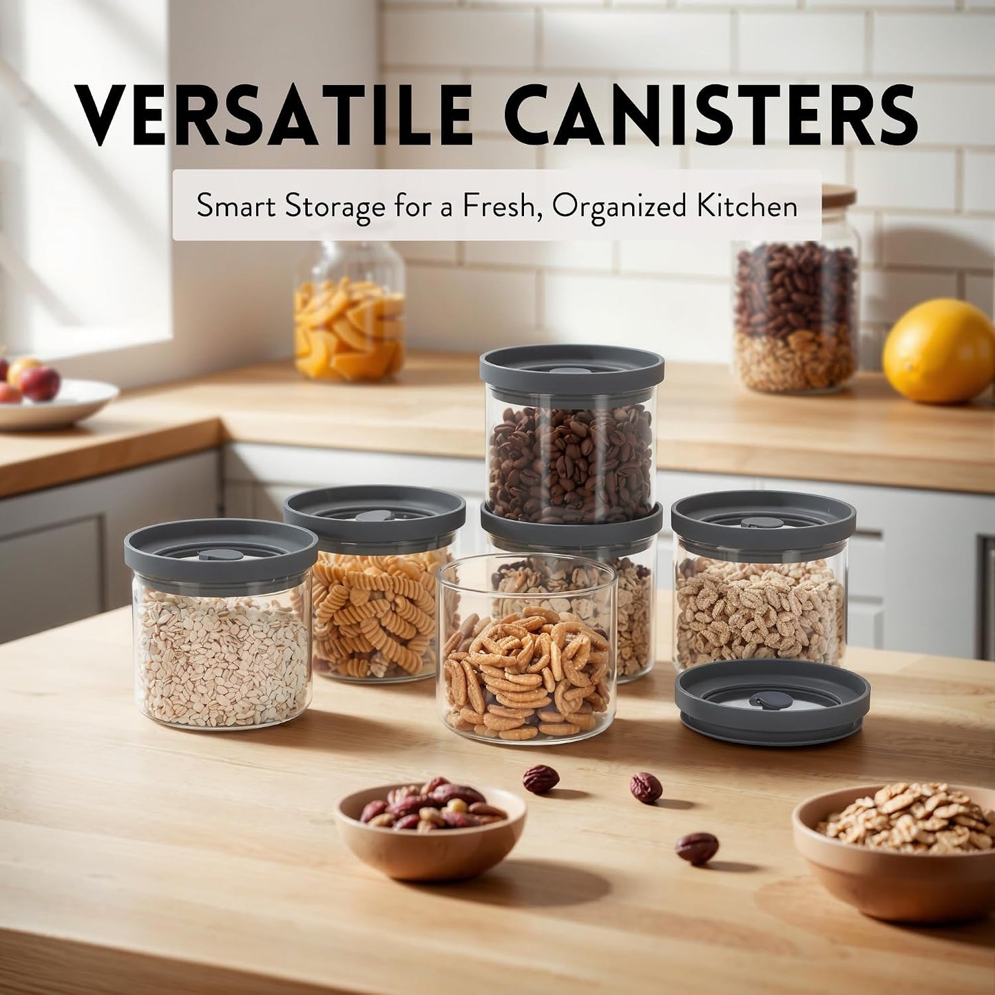 Glass Canisters with Airtight Lids Set of 6 (17.5 oz) - Borosilicate Glass Jars for Overnight Oats, Meal Prep &amp; Pantry Storage, Stackable, BPA-Free, Dishwasher Safe Kitchen Containers
