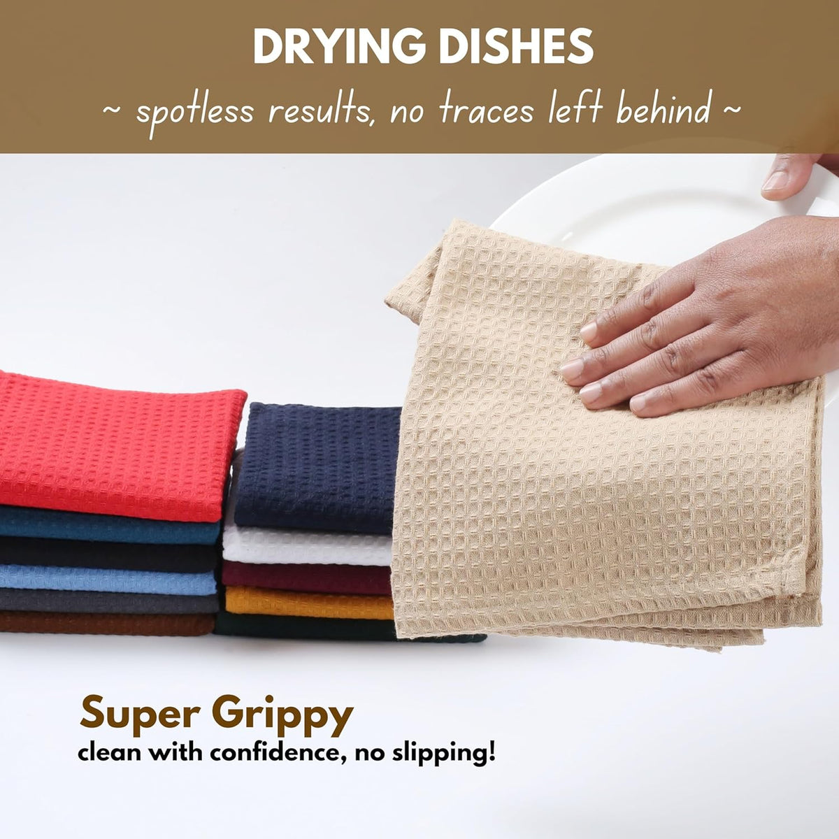 Native Fab Cotton Kitchen Towel with Hanging Loop 16x26 inches, 4-Pack, Waffle Weave Kitchen Towels for Cleaning Drying, Washcloths Soft &amp; Absorbent Cloth Rags, Bar Towel, Dish Cloth, Beige