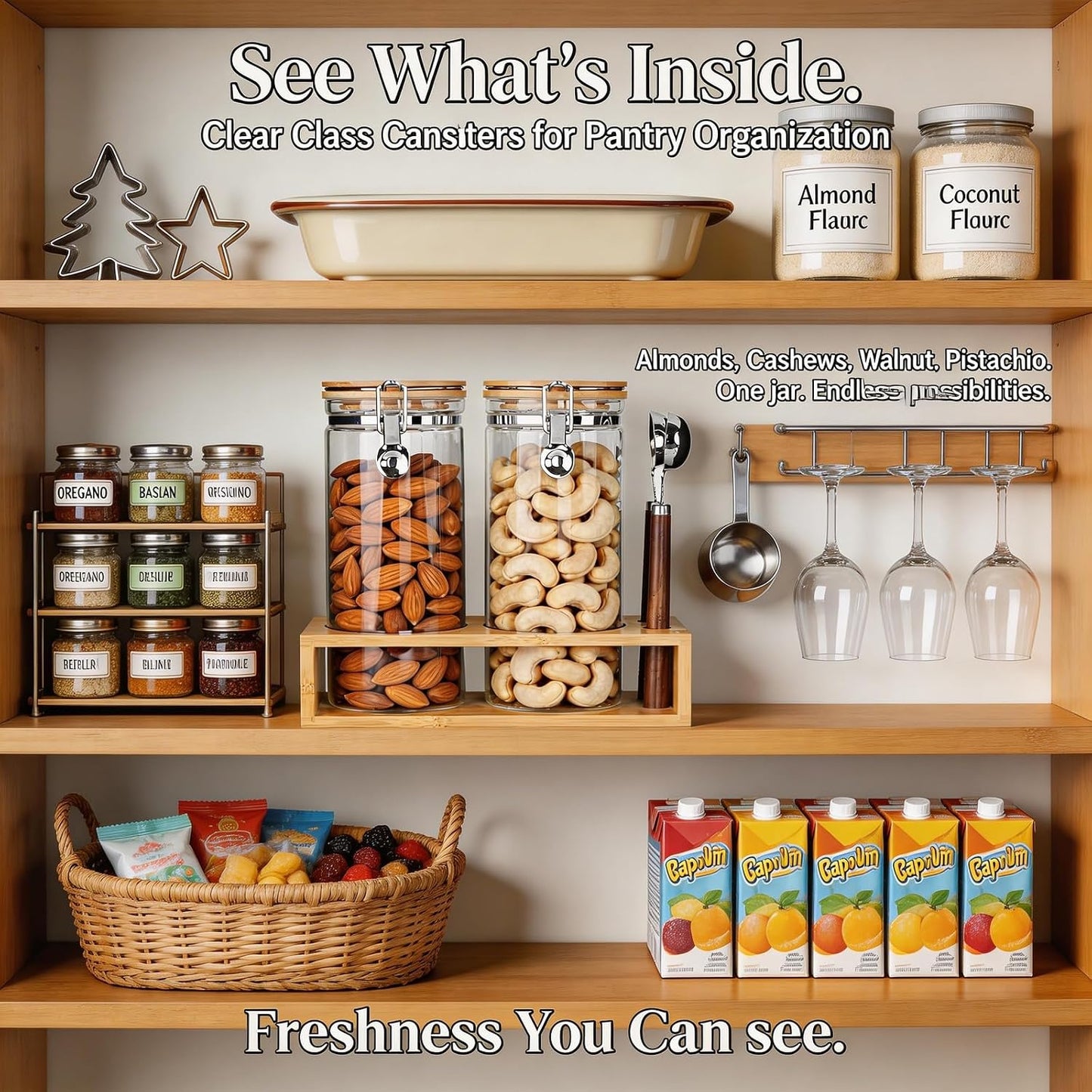 KKC Nut Storage Containers with and Scoops, 2 Pack (50 oz / 1.5L) - Glass Nut Jars with Bamboo Lids, Kitchen Counter Nut Storage for Almonds Cashews Walnuts