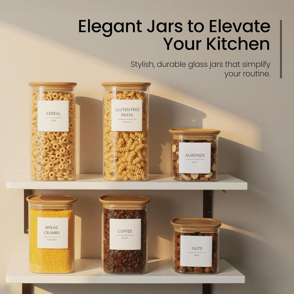 Talented Kitchen Square Glass Food Storage Containers - Airtight & Labeled Glass Kitchen Storage Containers - Space-Saving Stackable Square Pantry Jars - Pack of 6, 24/37/51 fl oz