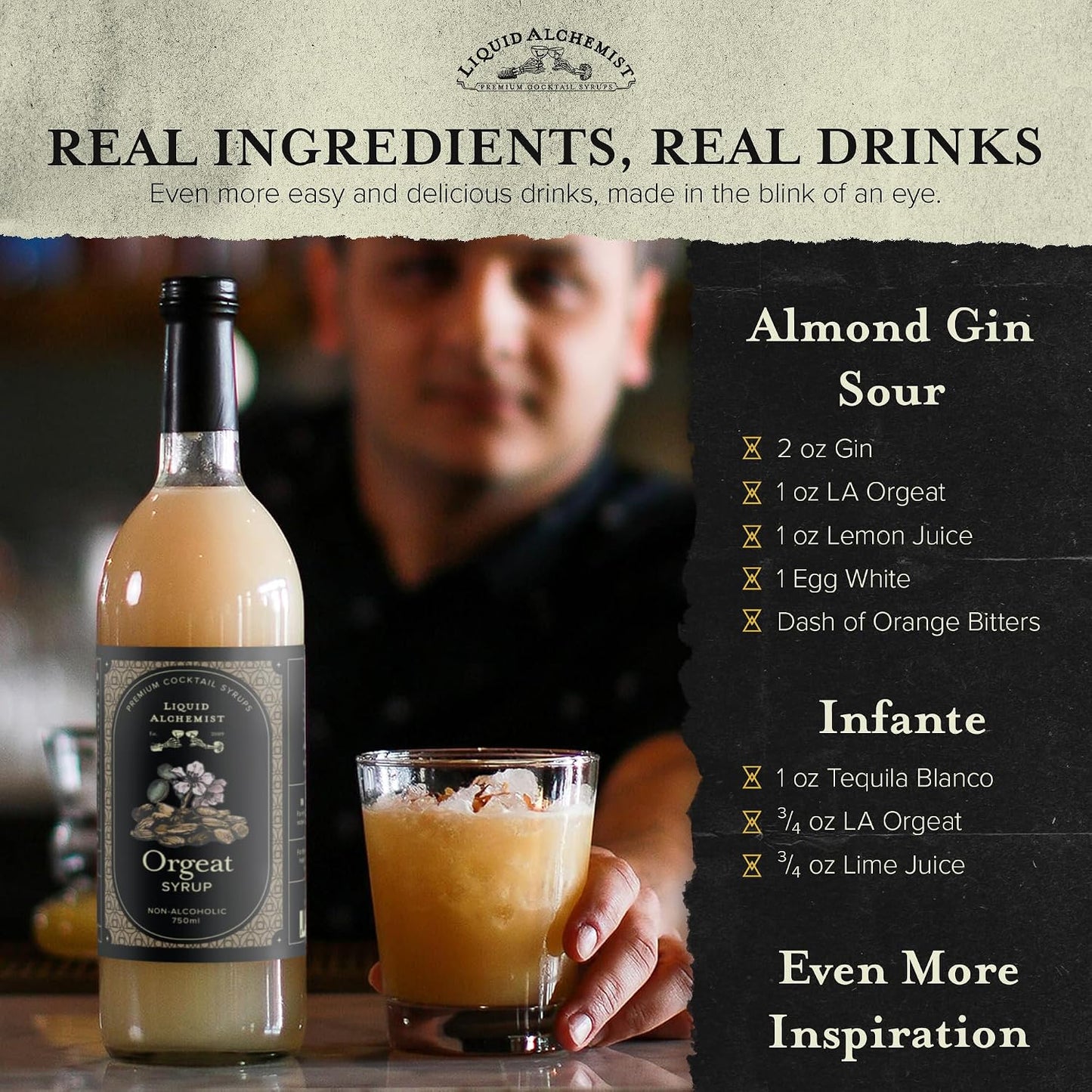 Liquid Alchemist Orgeat Syrup for Cocktails | Real Ingredients Make Our Almond Orgeat Syrup for Drinks the Perfect Mai Tai Mix | Small Batch, Non-GMO &amp; Vegan | 12.7 oz Drink Mixer, Pack of 1