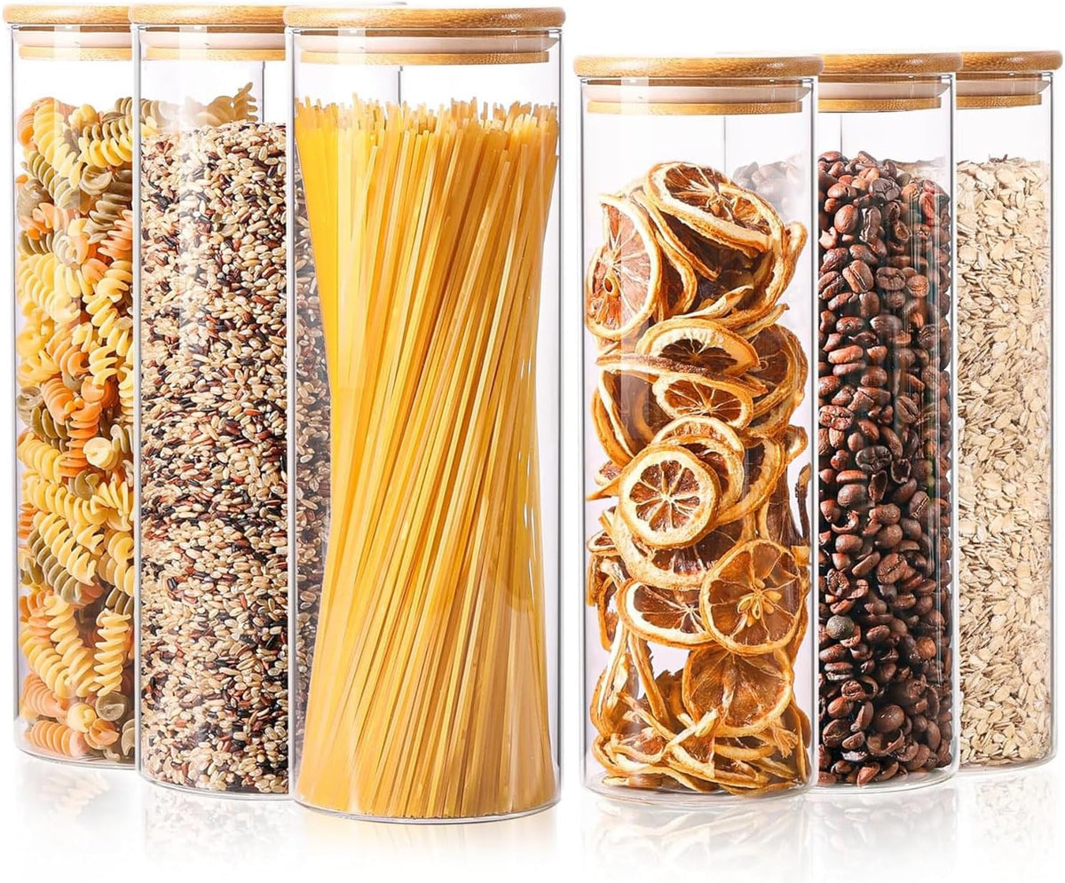 ComSaf Glass Food Storage Jars Set of 6, Tall Glass Storage Containers with Lids, Spaghetti Jar, Canisters Set for the kitchen, Pasta, Flour, Nuts, Oat, Coffee and Sugar Container, Pantry Organization