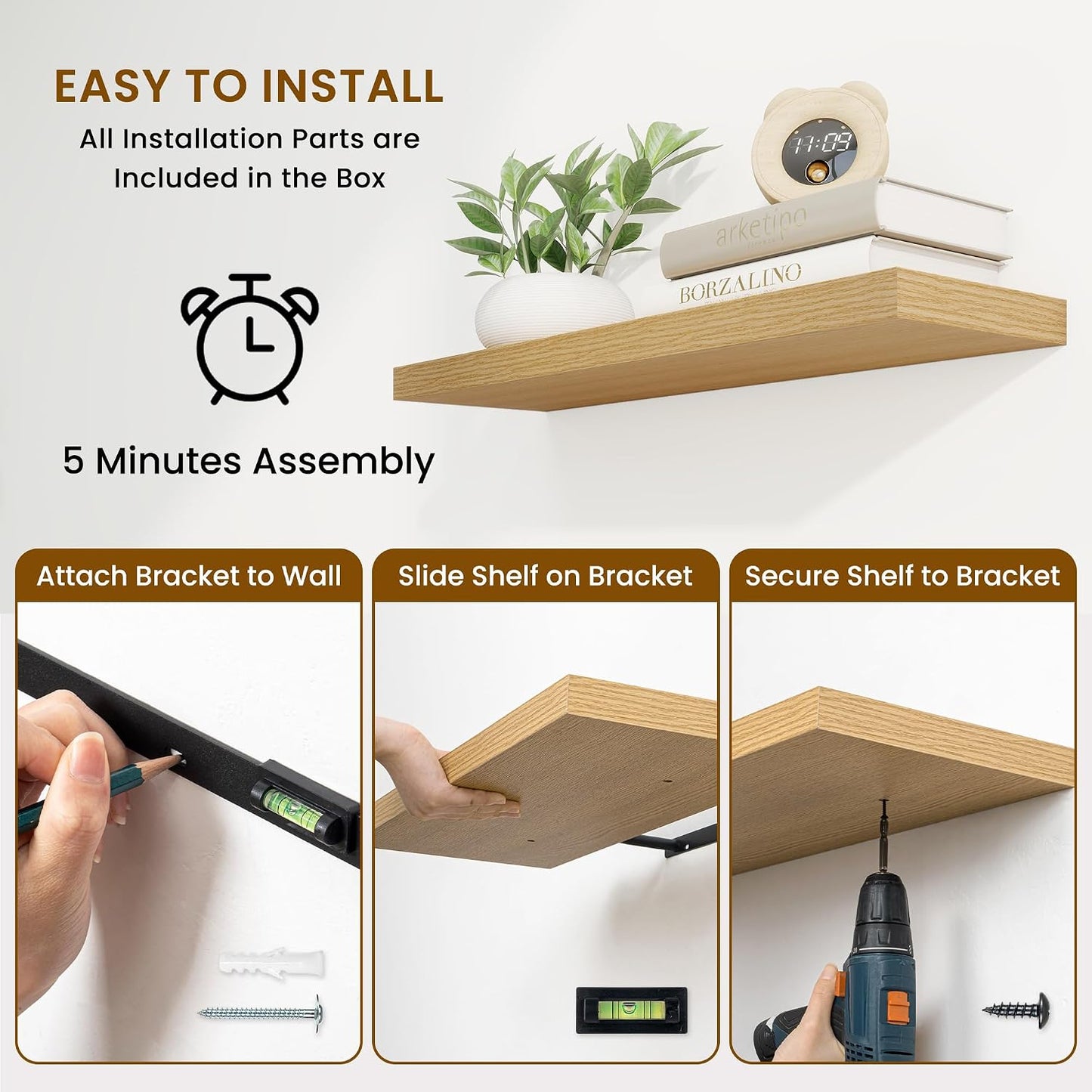 Fun Memories 40 Inch Oak Floating Shelves, 9.3 Inch Deep Wall Shelves for Living Room|Bedroom|Kitchen, Rusitc Wall Mounted Bathroom Shelves 2 Pack, Heavy-Duty Deep Shelf for Books，Decor